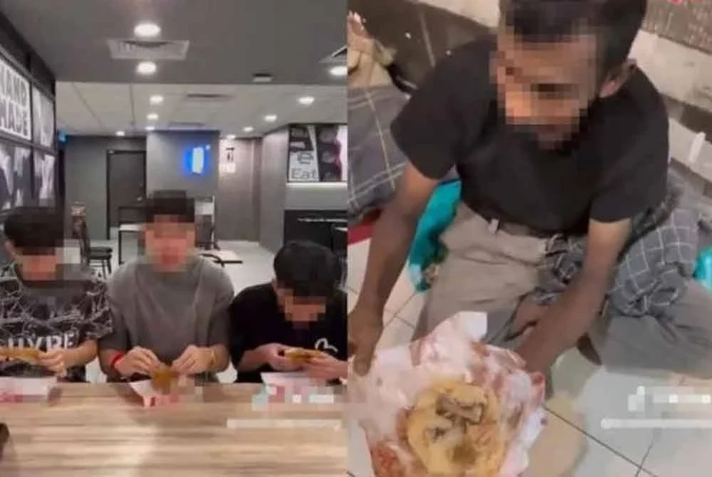 Tiga remaja dalam video tular memberi makan nasi bersama sisa tulang ayam kepada gelandangan.