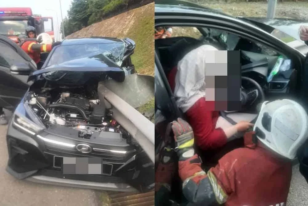 Kereta dipandu mangsa dipercayai terbabas sebelum melanggar pembahagi jalan.