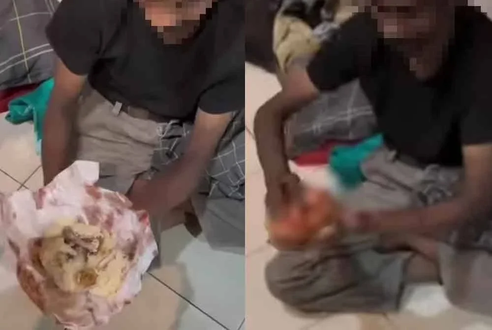 Tangkap layar tular menunjukkan Ram diberikan sisa makanan nasi dan tulang.