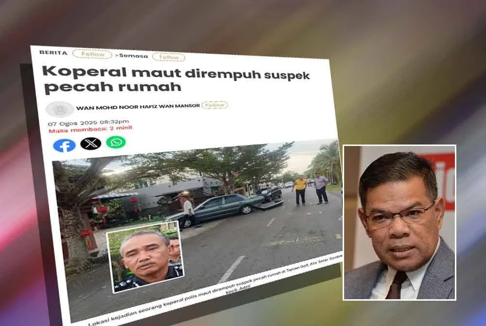 Laporan Sinar Harian pada Khamis mengenai seorang koperal maut selepas dirempuh suspek pecah rumah. Gambar kecil: Saifuddin Nasution