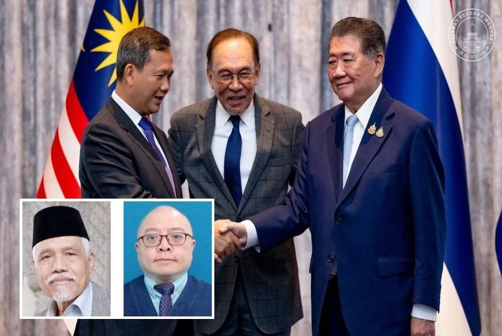 Anwar (tengah) menyaksikan Perdana Menteri Kemboja, Hun Manet (kiri) bersalaman dengan Pemangku Perdana Menteri Thailand, Phumtham Wechayachai selepas Mesyuarat Khas Bersama di Kompleks Seri Perdana, Putrajaya pada 4 Ogos lalu.