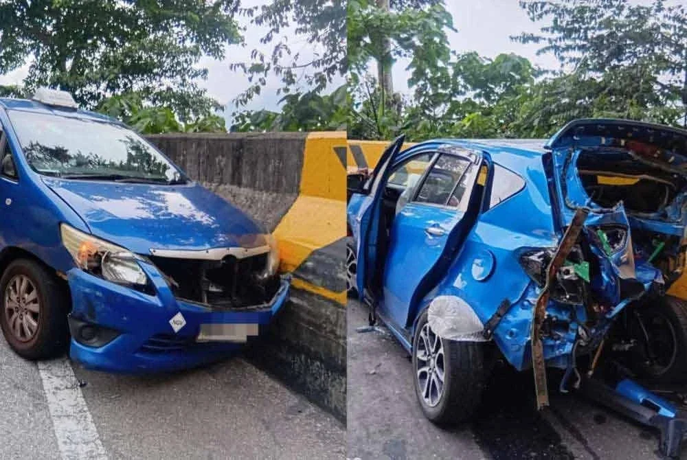Keadaan Myvi dan teksi jenis Toyota Innova yang terbabit kemalangan terbabit ketika turun dari Genting Highlands pada Ahad.