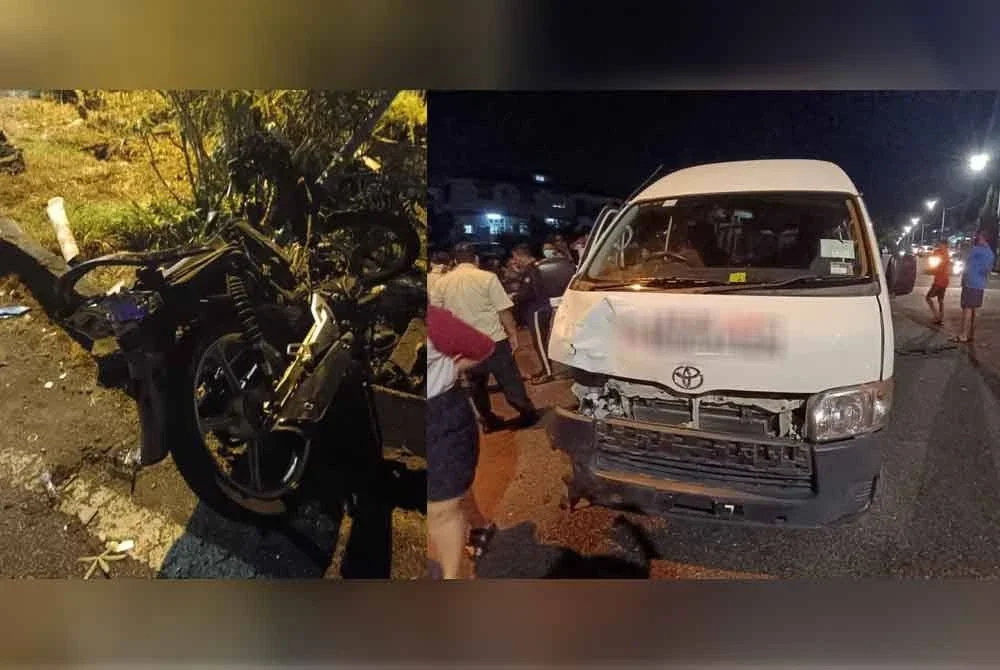 Keadaan motosikal dan van yang terlibat dalam kemalangan di Jalan Cermai 17, Taman Suria, Kluang pada Isnin. - Foto: IPD Kluang