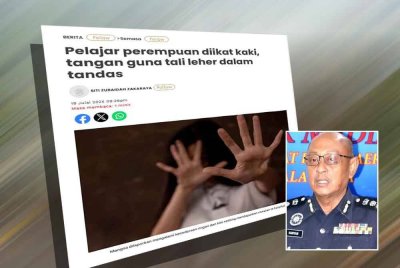 Laporan Sinar Harian berhubung pelajar perempuan diikat kaki, tangan guna tali leher dalam tandas. Gambar kecil: Hanyan