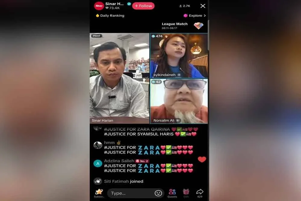 Norsalim (kanan, bawah) ketika siaran langsung Sinar Harian bertajuk Mengenang Zara Qairina di platform TikTok pada Selasa.