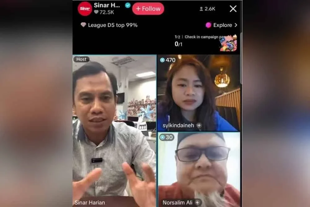 Norsalim (kanan, bawah) ketika siaran langsung Sinar Harian bertajuk Mengenang Zara Qairina di platform TikTok pada Selasa.