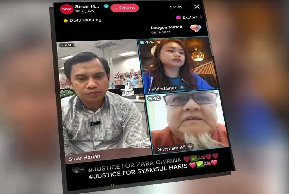 Asyikin (kanan, atas) ketika siaran langsung Sinar Harian bertajuk Mengenang Zara Qairina di platform TikTok pada Selasa.