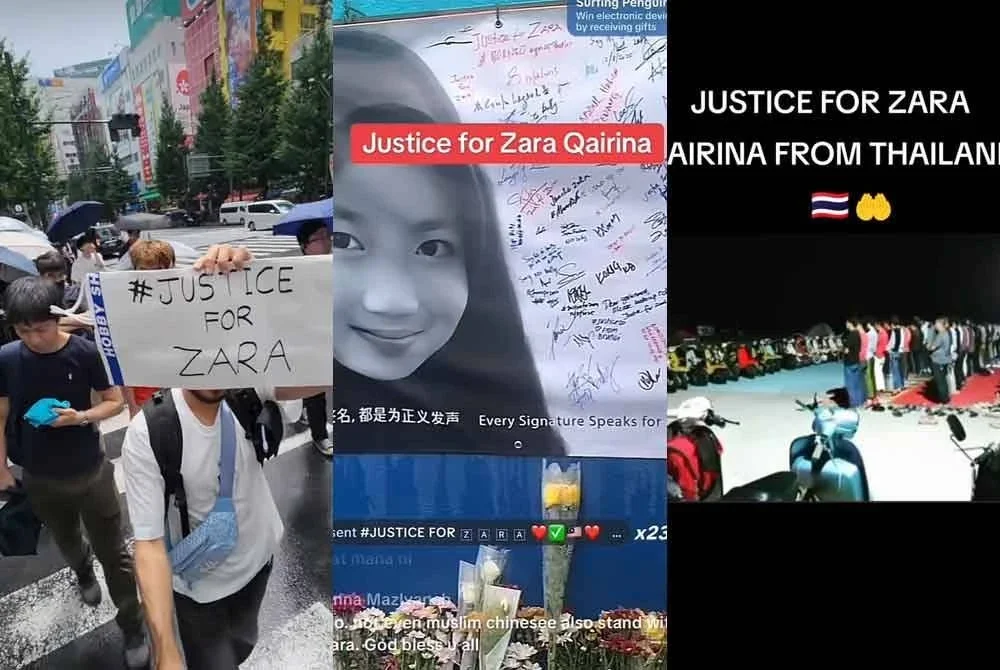 Tangkap layar hantaran pengguna TikTok yang menyatakan solidariti buat Zara Qairina di luar negara.
