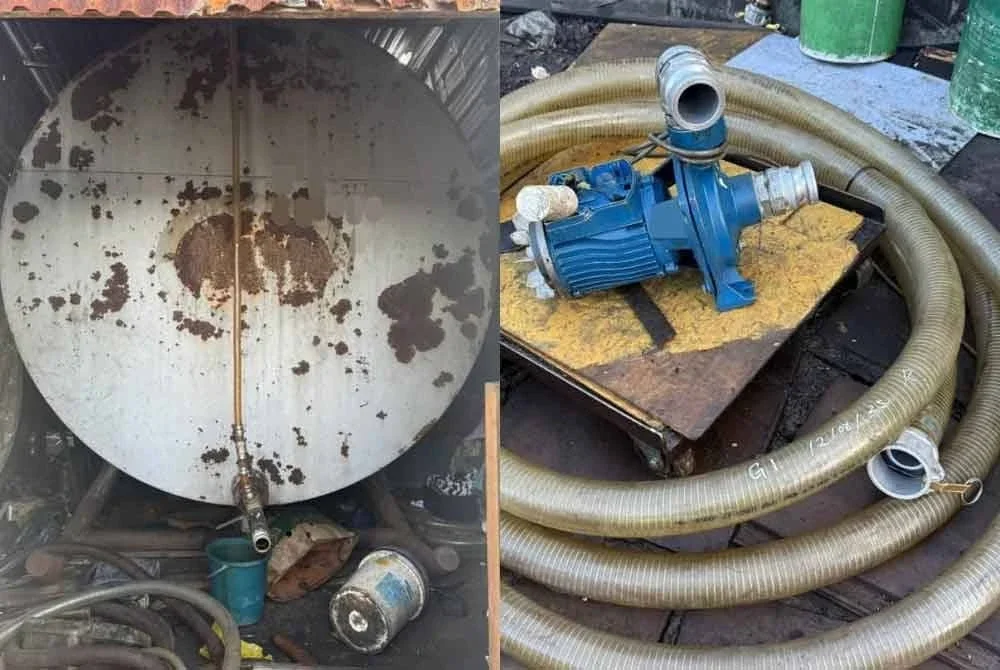 Tangki skid dan pam penyedut beserta getah paip yang dipercayai digunakan untuk memindahkan diesel secara haram.