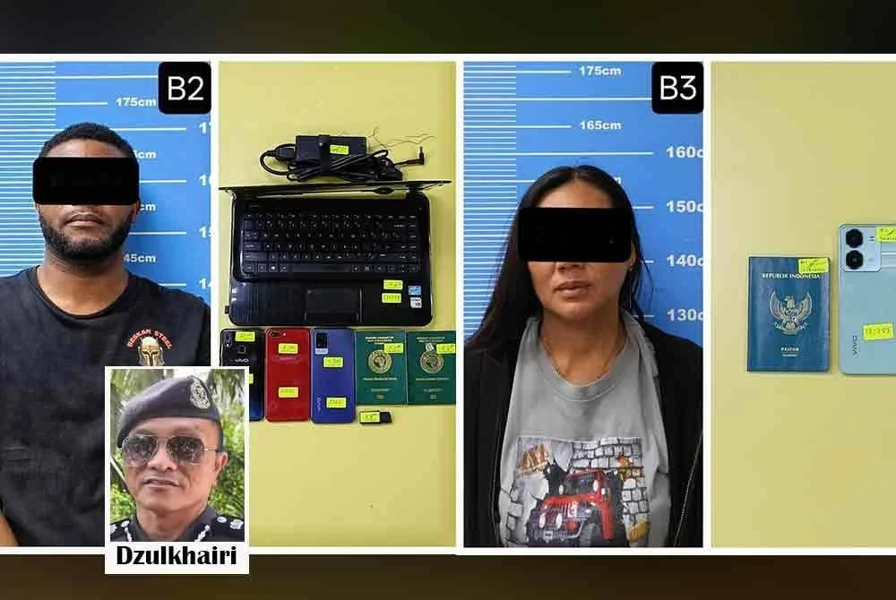 Salah seorang suspek lelaki warga Nigeria dan wanita Indonesia yang ditahan di Klebang pada awal pagi Selasa.