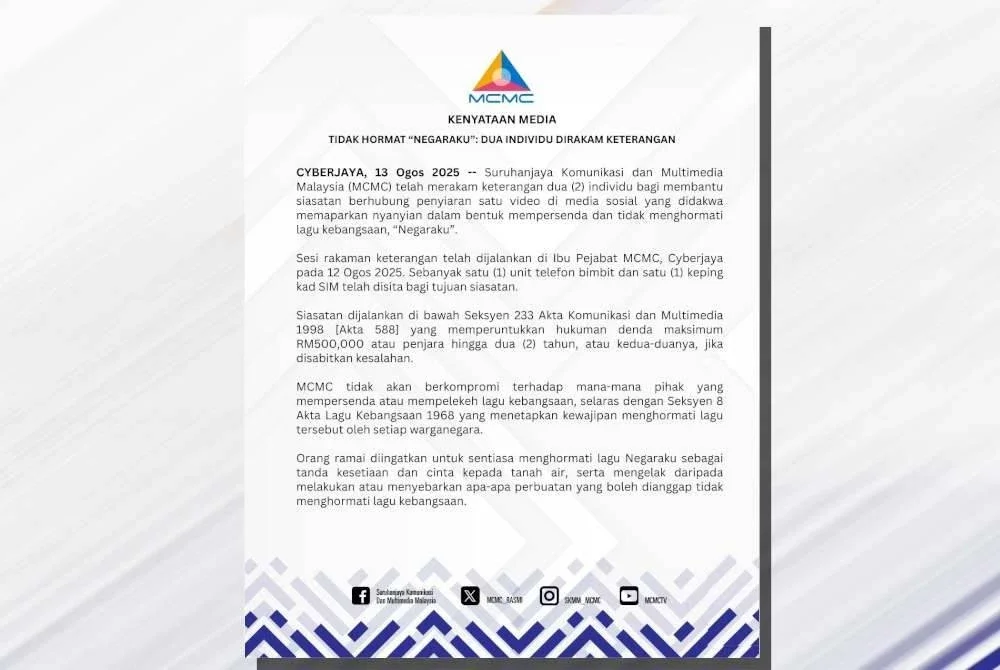 Kenyataan media yang dikeluarkan oleh SKMM.