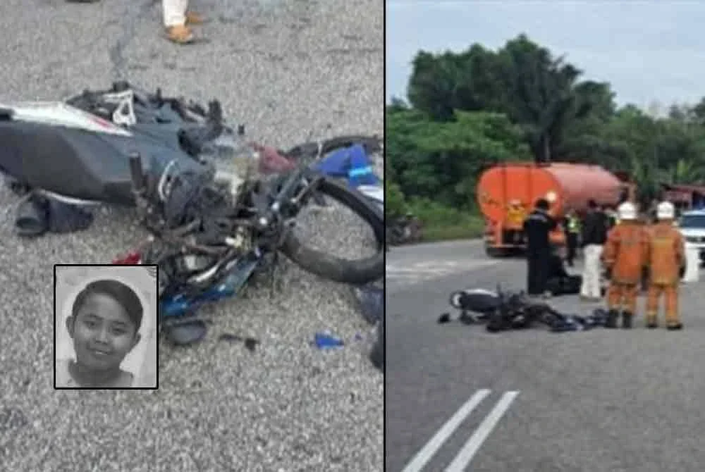 Seorang remaja maut dalam kemalangan tragis pada hari ulang tahun kelahirannya yang ke-19 dalam kejadian di Jalan Kuala Pilah - Batu Kikir berhampiran simpang tiga Juasseh di sini pada pagi Rabu. Foto kecil: Muhammad Adam