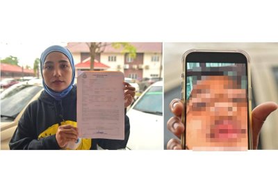 Rifka Amelia menunjukkan salinan laporan polis yang dibuat susulan kejadian buli yang didakwa menimpa anaknya.

