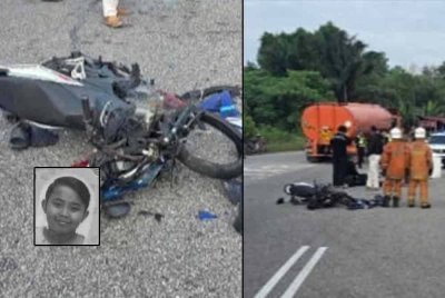Seorang remaja maut dalam kemalangan tragis pada hari ulang tahun kelahirannya yang ke-19 dalam kejadian di Jalan Kuala Pilah - Batu Kikir berhampiran simpang tiga Juasseh di sini pada pagi Rabu. Foto kecil: Muhammad Adam