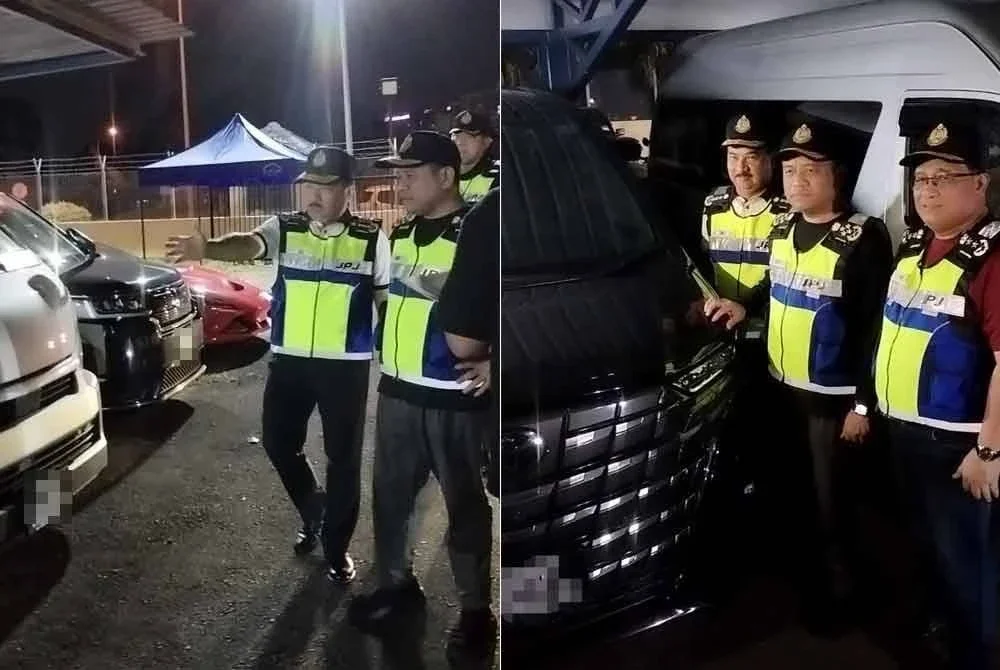 Aedy Fadly diberikan penerangan mengenai kenderaan asing yang disita kerana menjalankan kegiatan e-hailing di negara ini. Foto kanan: (Dari kir) Muhammad Kifli, Aedy Fadly dan Azmil Zainal bersama sebahagian kenderaan asing yang menjalankan aktiviti e-hailing di negara ini.