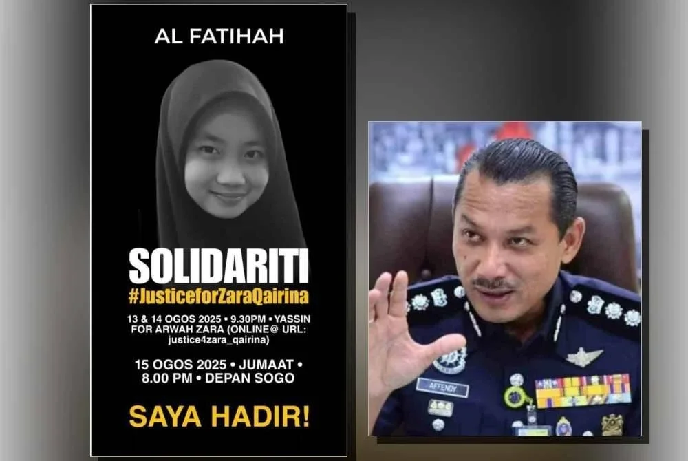 Tular hantaran di media sosial berkaitan himpunan Demi Zara Qairina yang dipercayai dianjurkan oleh NGO di hadapan pusat beli belah Sogo di sini pada Jumaat. (Gambar kecil: Sulizmie Affendy)