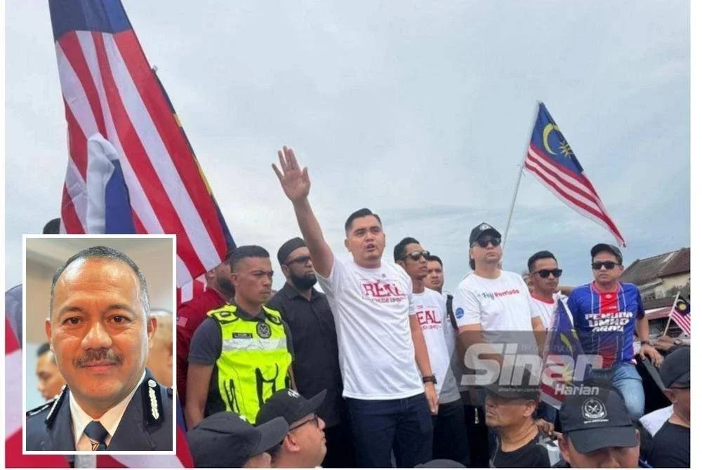 Muhamad Akmal mengetuai Perhimpunan Solidariti Jalur Gemilang Tanah Tumpahnya Darahku yang dihadiri kira-kira 500 ahli UMNO, Pas dan Bersatu di Bertam, Kepala Batas pada Khamis. (Gambar kecil: Azizee)