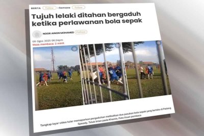 Laporan Sinar Harian mengenai tujuh lelaki ditahan bergaduh ketika perlawanan bola sepak.