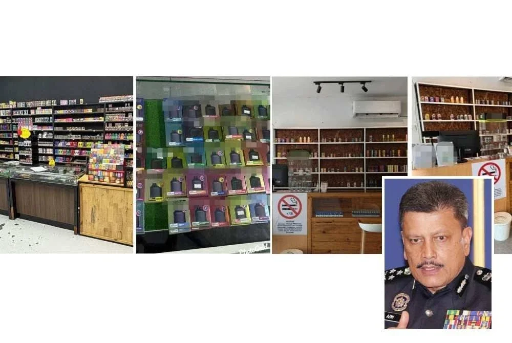 Polis bersama MPK menyerbu premis menjual rokok elektronik di Kangar pada Jumaat lalu. (Gambar kecil: Azmi)