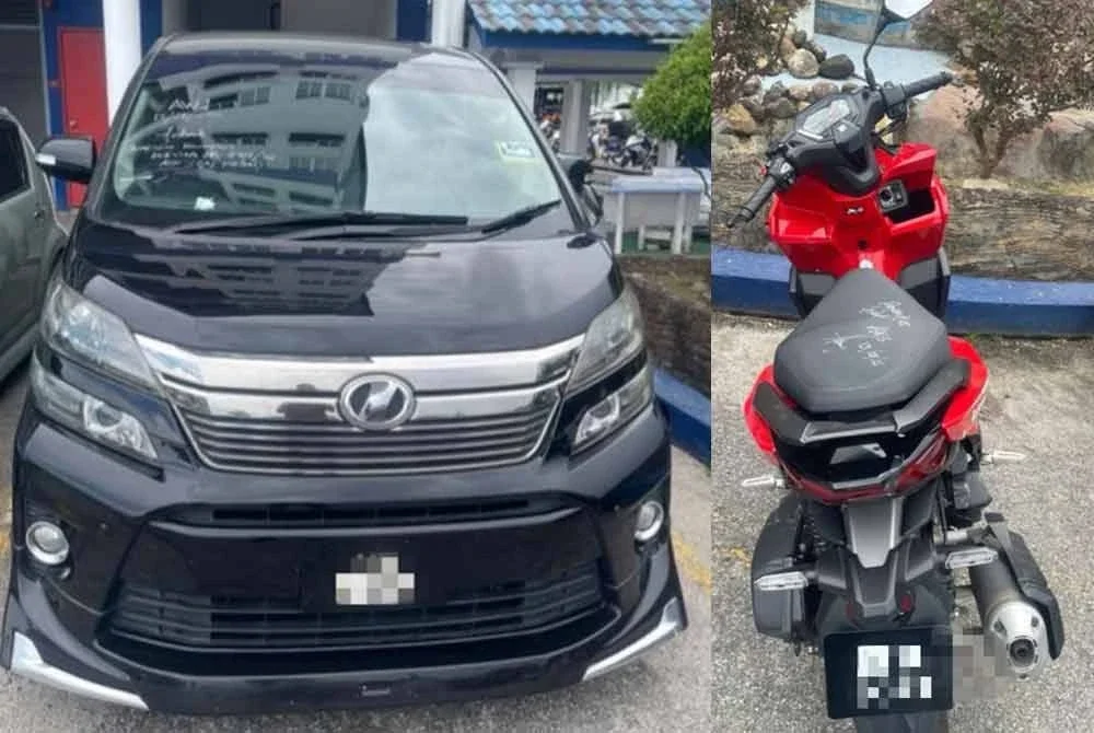 Gambar kiri, kenderaan mewah yang disyaki digunakan untuk kegiatan mencuri tabung masjid. Gambar kanan, sebuah motosikal dipercayai milik salah seorang suspek turut dirampas.