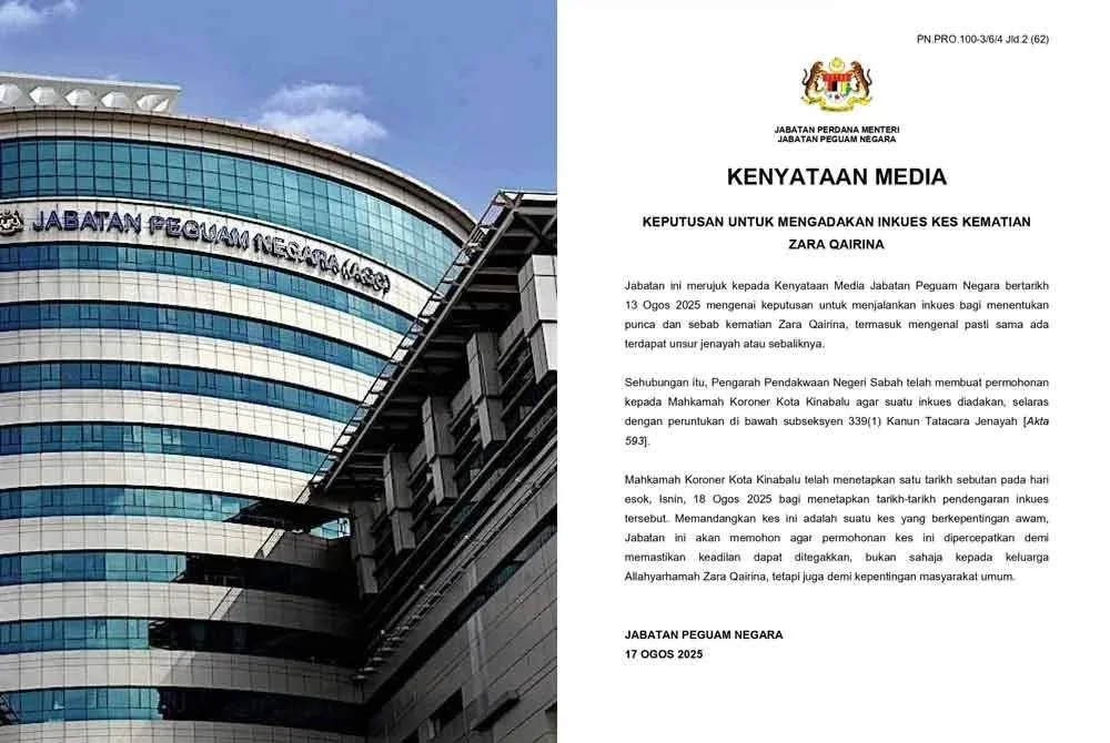 Kenyataan media Jabatan Peguam Negara pada Ahad.