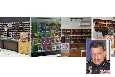 Polis bersama MPK menyerbu premis menjual rokok elektronik di Kangar pada Jumaat lalu. (Gambar kecil: Azmi)
