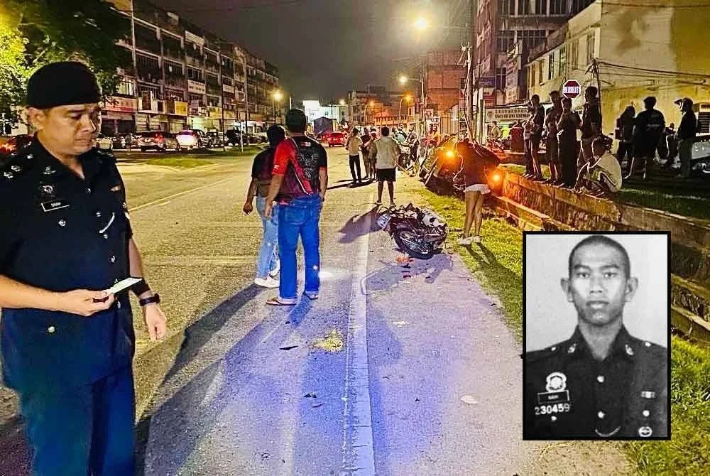 Keadaan motosikal ditunggang mangsa yang dilanggar Perodua Bezza dipandu oleh lelaki dipercayai dalam keadaan mabuk. Foto: Ihsan polis, gambar kecil: Naim Mullah