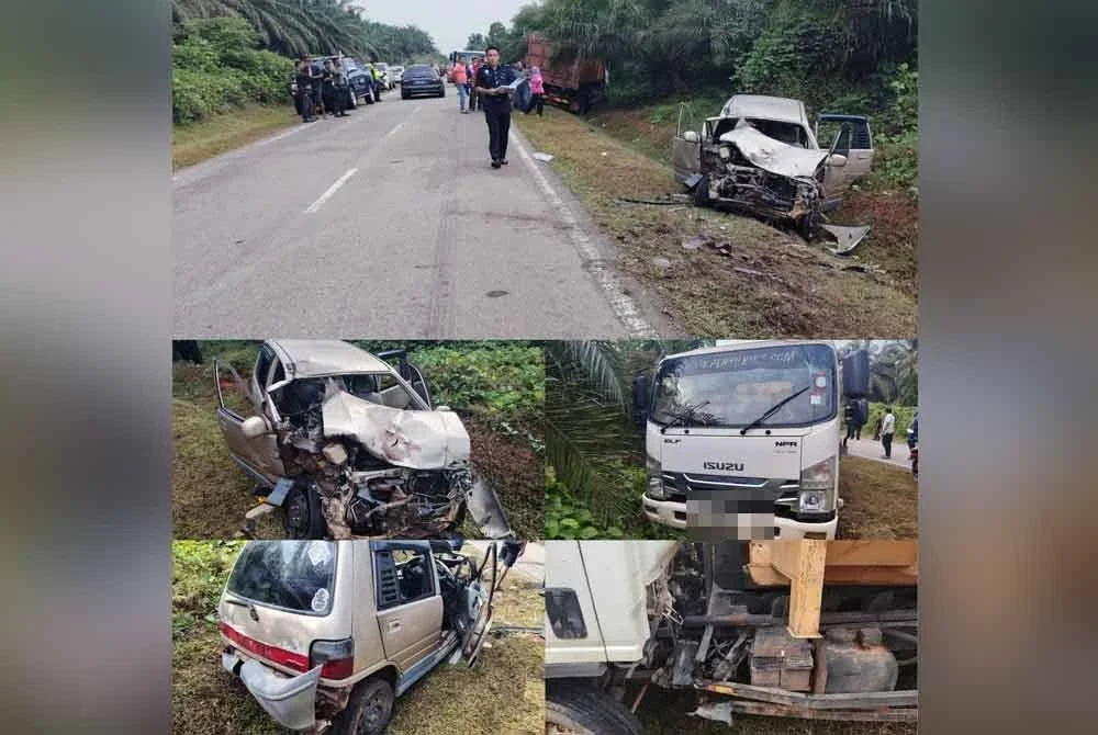 Kereta Perodua Kancil dinaiki lima beradik terbabit kemalangan menyebabkan seorang daripada mereka maut, manakala dua parah. Foto ihsan polis