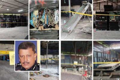 Sebuah premis memproses e-waste diserbu polis bersama JAS di Sungai Petani, Kedah pada Ahad. Foto: PDRM. Foto kecil: Azmi