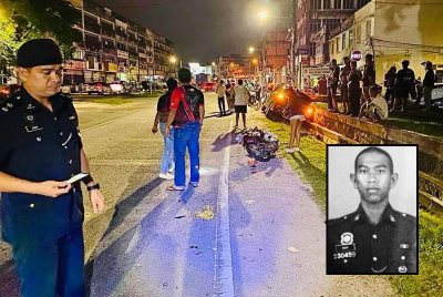 Keadaan motosikal ditunggang mangsa yang dilanggar Perodua Bezza dipandu oleh lelaki dipercayai dalam keadaan mabuk. Foto: Ihsan polis, gambar kecil: Naim Mullah