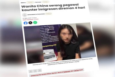 Laporan Sinar Harian sebelum ini berhubung seorang wanita China direman empat hari untuk siasatan kes mencederakan pegawai imigresen di KLIA.