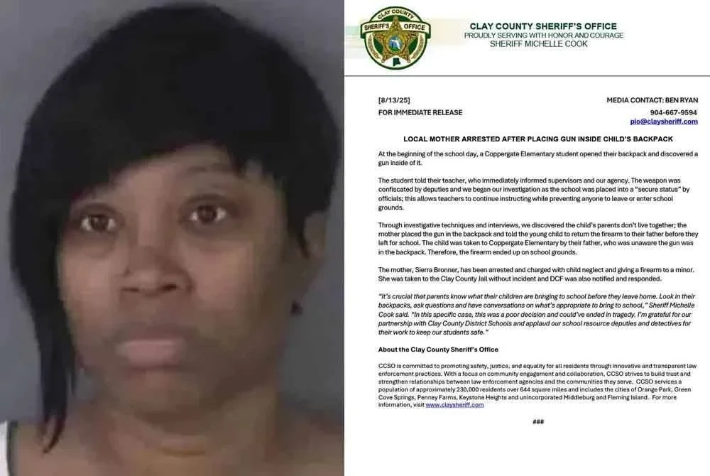 Bronner ditahan pihak berkuasa selepas menghantar anaknya ke sekolah dengan pistol berisi peluru yang disembunyikan dalam beg galas. Foto Serif Clay County