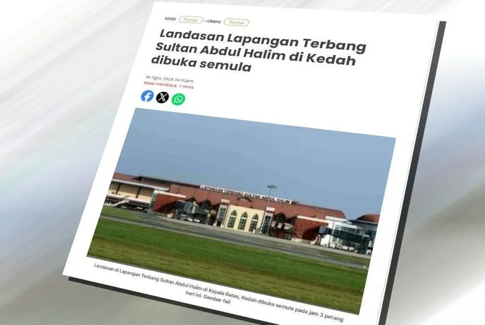 Laporan Sinar Harian berhubung Landasan Lapangan Terbang Sultan Abdul Halim di Kedah dibuka semula.