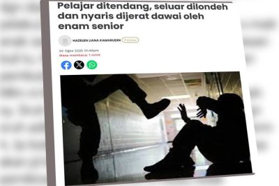 Laporan Sinar Harian mengenai seorang pelajar di sebuah sekolah cedera selepas dipercayai dipukul, seluar dilondeh dan nyaris dijerut dengan dawai oleh sekumpulan pelajar pada Selasa.