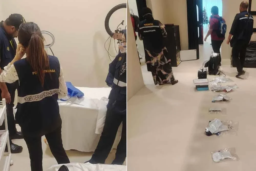 Pegawai operasi Jabatan Kesihatan Wilayah Persekutuan Kuala Lumpur dan Putrajaya menjalankan pemeriksaan di sebuah premis yang menawarkan rawatan pergigian dan perubatan haram di Sri Petaling pada Rabu.