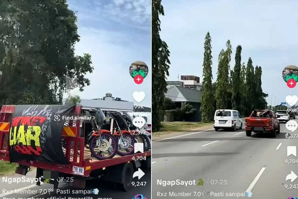 Video tular memaparkan motosikal RXZ dibawa menaiki 4x4. Foto tular.
(Foto video tular)