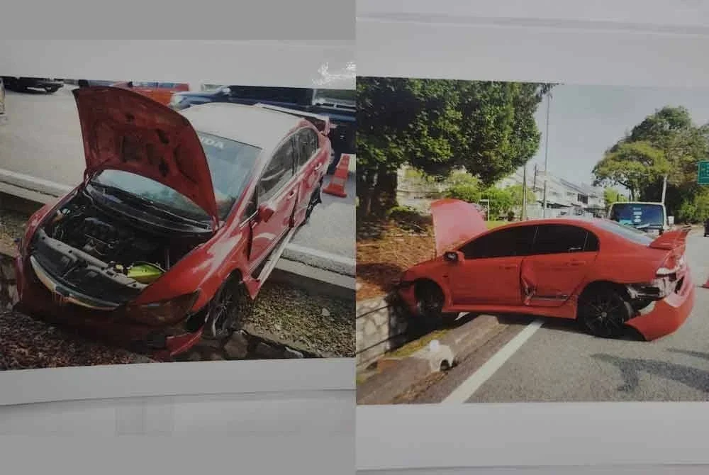 Keadaan kereta jenis Honda Civic yang terbabas di SS17, Subang Jaya dalam kejadian 13 Ogos lalu.