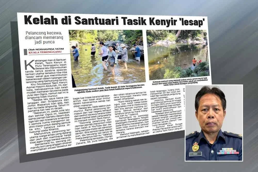 Laporan Sinar Harian berhubung dakwaan kehilangan ikan kelah di Santuari Kelah, Tasik Kenyir. Gambar kecil: Pang Nyukang