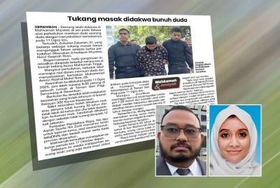 Tukang masak dituduh di mahkamah kerana membunuh seorang lelaki yang didakwa mempunyai hubungan sulit dengan isterinya. Gambar kecil dari kiri: Alif, Puteri Ummi Kartini