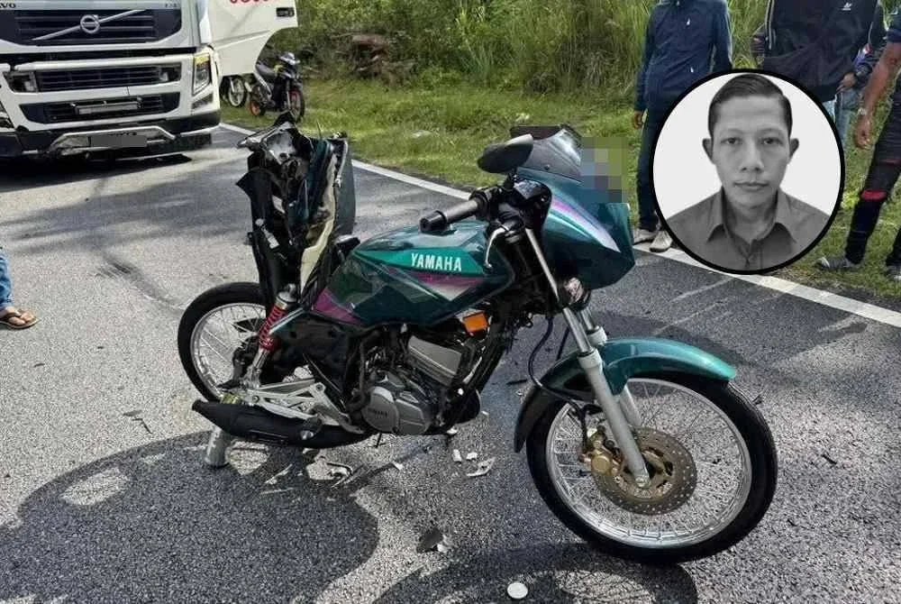Motosikal ditunggang mangsa terbabas sebelum merempuh sebuah treler di JRTB Gerik-Jeli pada Jumaat. Gambar kecil: Roziman