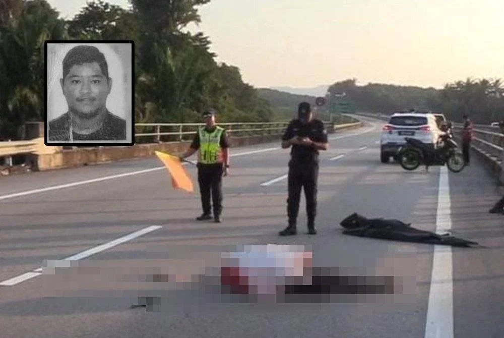 Seorang lelaki maut selepas motosikal SYM ditungganginya terbabas di Kilometer 299.9 LPT2 berhampiran R&R Kijal, Kemaman. Gambar kecil: Muhammad Nur Alif Hakim