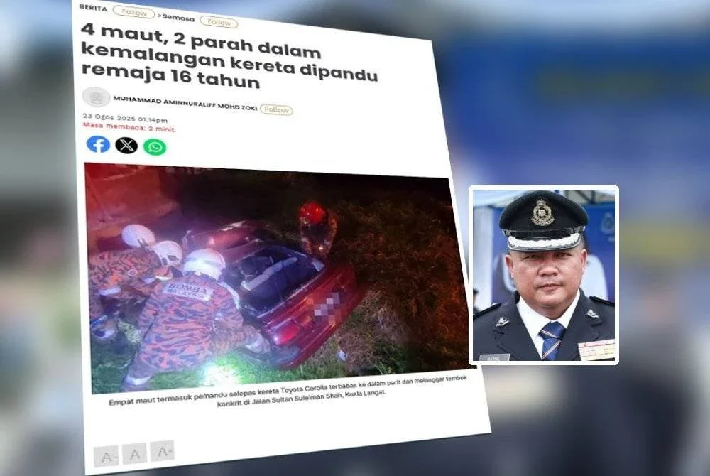 Laporan Sinar Harian berhubung kemalangan sebuah kereta yang meragut empat nyawa, manakala dua lagi cedera parah. Foto kecil: Mohd Akmalrizal