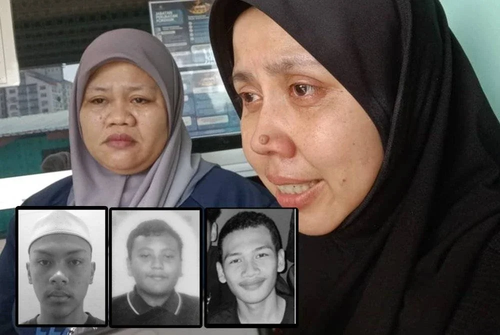 Roszainida sayu ketika ditemui pemberita di Unit Forensik Hospital Banting. Gambar kecil dari kiri: Muhammad Danish, Muhammad Adib, Hariz