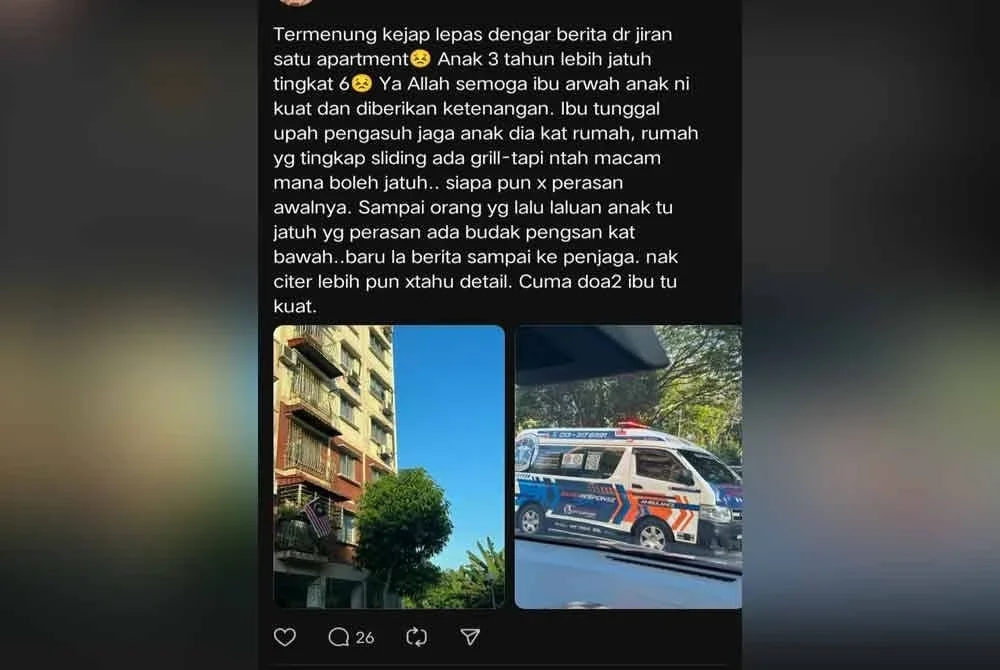 Tular di platform media sosial berkaitan kematian seorang kanak-kanak dipercayai akibat terjatuh di pangsapuri berkenaan.