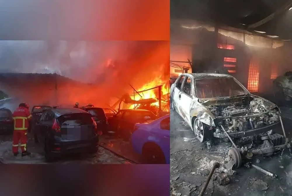 Empat unit kedai separuh kekal berhampiran SMK Desa Rahmat, Jalan Belumut, Taman Johor di sini musnah dalam kebakaran pada awal pagi Sabtu. - Foto: BBP Larkin.