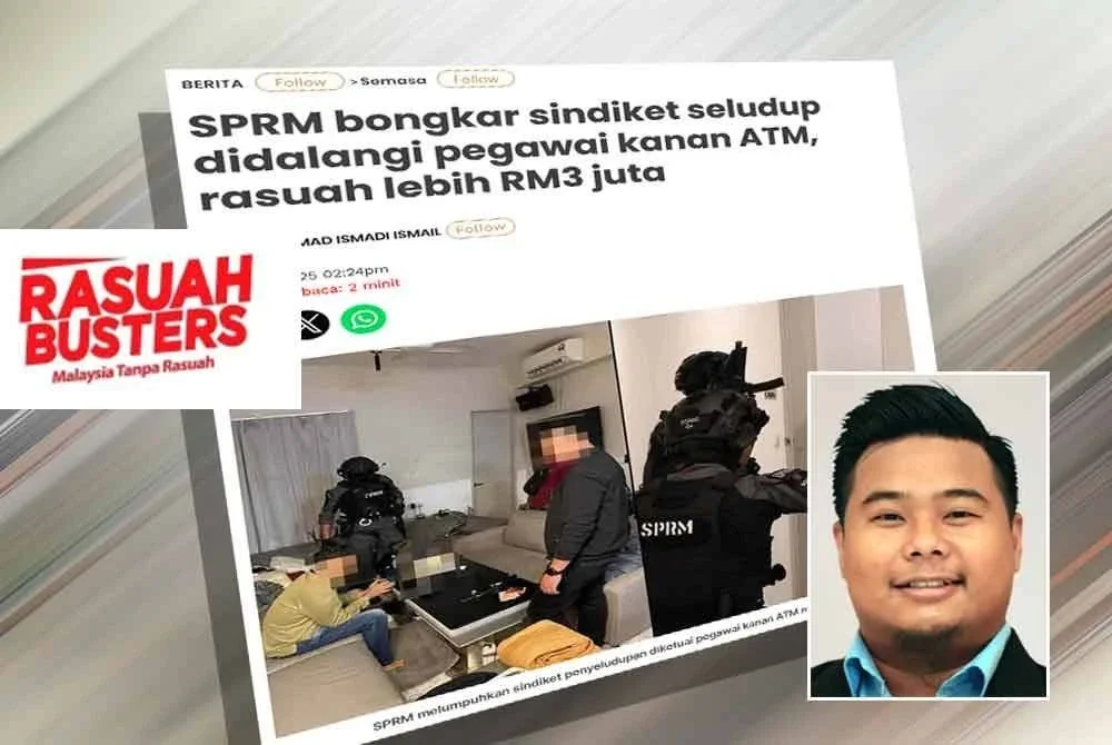 Laporan Sinar Harian mengenai SPRM bongkar sindiket seludup didalangi pegawai kanan ATM melibatkan rasuah lebih RM3 juta. Gambar kecil: Syafiq Ridzwan