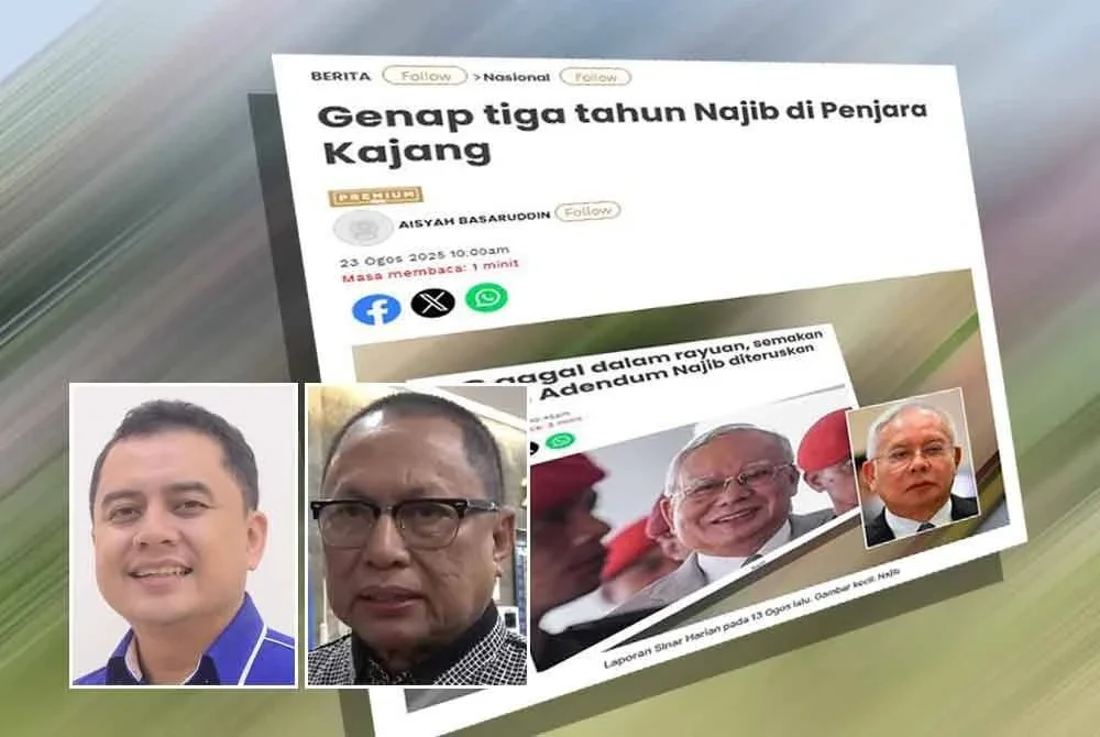 Laporan Sinar Harian berhubung genap tiga tahun Najib di Penjara Kajang. Gambar kecil dari kiri: Mohamad Nizar, Mohd Puad