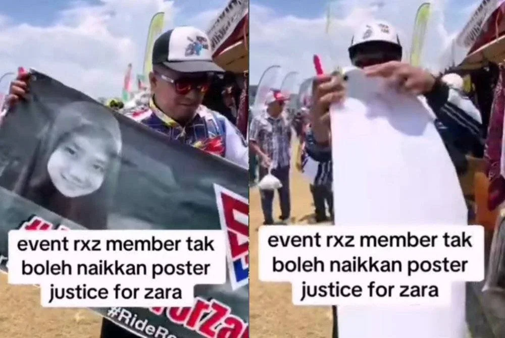 Tangkap layar video tular pada Ahad menunjukkan seorang individu menurunkan poster #JusticeForZara ketika Himpunan RXZ Members 7.0 yang berlangsung di Litar Permotoran Kompleks Sukan Gong Badak, Kuala Nerus.