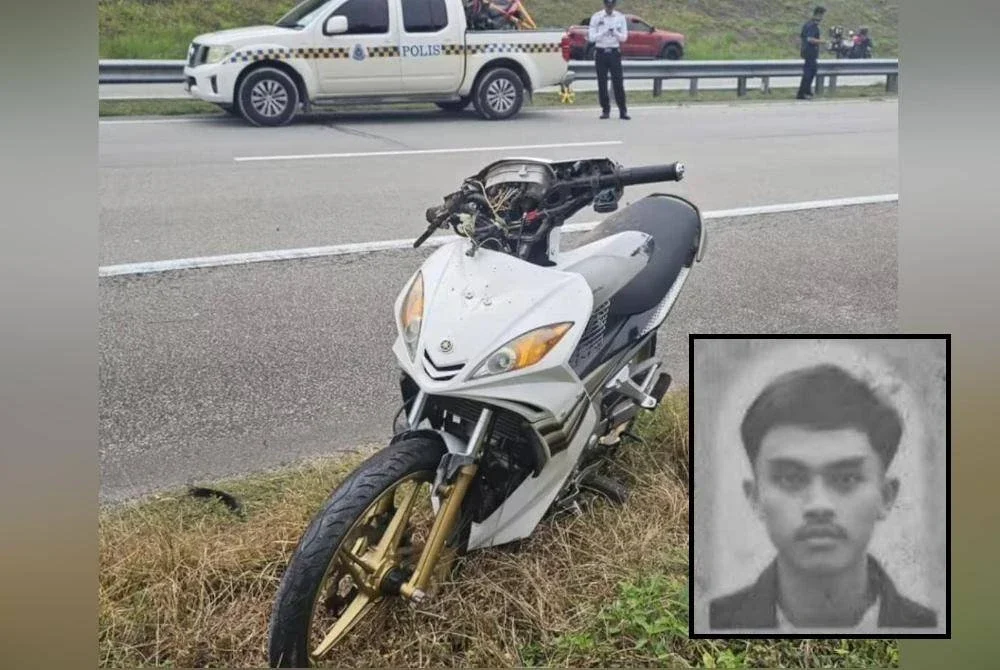 Keadaan motosikal mangsa selepas terlibat kemalangan di KM342.9 LPT2 berhampiran R&R Paka, Dungun. (Gambar kecil: Muhammad Irfan Izzuddin)