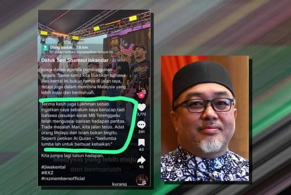 Tangkap layar memaparkan tulisan Shamsul Iskandar yang dikatakan mendakwa wujud pasukan sorak MB Terengganu pada acara pelancaran Himpunan RXZ di Gong Badak, Kuala Nerus pada Sabtu. (Gambar kanan: Mohd Soud)